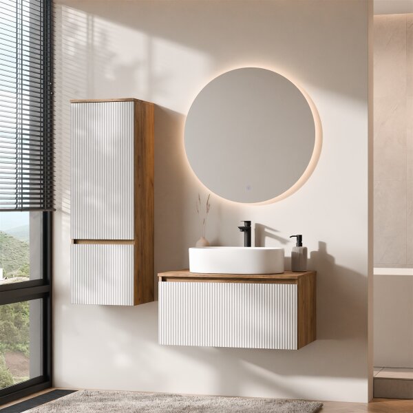 ARISA Badmöbel Set inkl. Hochschrank in Weiß Geriffelt – Mit Nova LED Spiegel und weißem Keramik-Aufsatzwaschbecken 55 cm