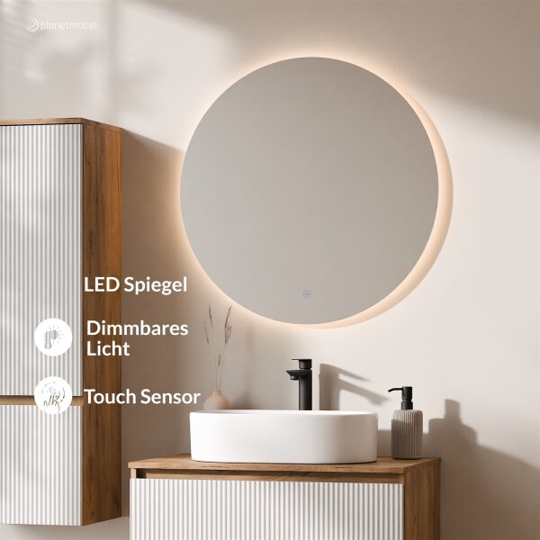 ARISA Badmöbel Set inkl. Hochschrank in Weiß Geriffelt – Mit Nova LED Spiegel und weißem Keramik-Aufsatzwaschbecken 55 cm