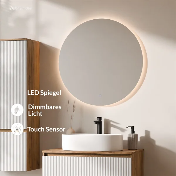 Ensemble de meubles de salle de bains ARISA avec armoire haute en blanc strié – Avec miroir LED Nova et lavabo à poser en céramique blanche de 55 cm