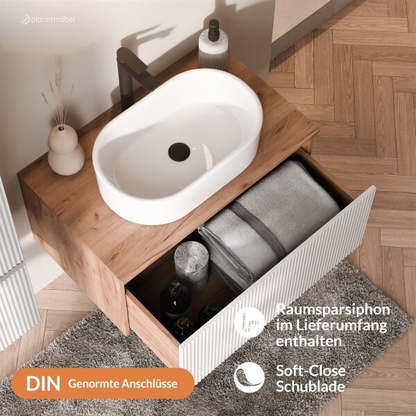 ARISA Badmöbel Set inkl. Hochschrank in Weiß Geriffelt – Mit Nova LED Spiegel und weißem Keramik-Aufsatzwaschbecken 55 cm