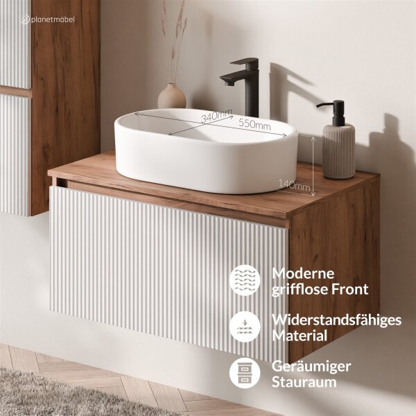 ARISA Badmöbel Set inkl. Hochschrank in Weiß Geriffelt – Mit Nova LED Spiegel und weißem Keramik-Aufsatzwaschbecken 55 cm