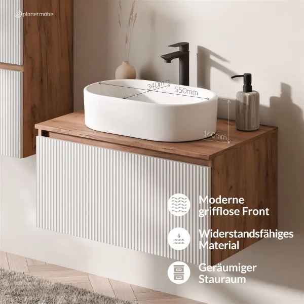 Ensemble de meubles de salle de bains ARISA avec armoire haute en blanc strié – Avec miroir LED Nova et lavabo à poser en céramique blanche de 55 cm