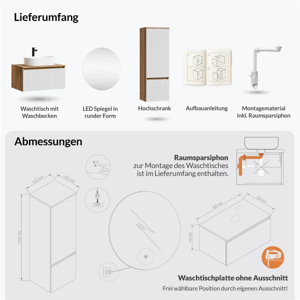 Ensemble de meubles de salle de bains ARISA avec armoire haute en blanc strié – Avec miroir LED Nova et lavabo à poser en céramique blanche de 55 cm