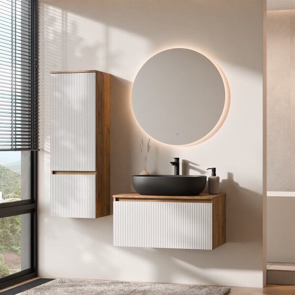 ARISA Badmöbel Set inkl. Hochschrank in Weiß Geriffelt – Mit Nova LED Spiegel und schwarzem Keramik-Aufsatzwaschbecken 60 cm
