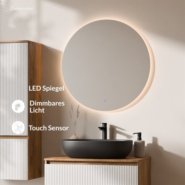 ARISA Badmöbel Set inkl. Hochschrank in Weiß Geriffelt – Mit Nova LED Spiegel und schwarzem Keramik-Aufsatzwaschbecken 60 cm