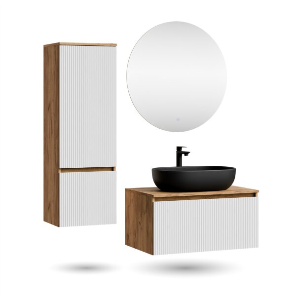 ARISA Badmöbel Set inkl. Hochschrank in Weiß Geriffelt – Mit Nova LED Spiegel und schwarzem Keramik-Aufsatzwaschbecken 60 cm