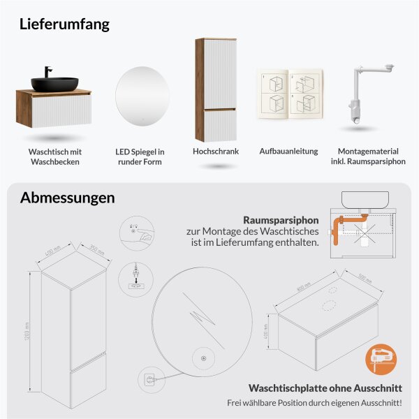 ARISA Badmöbel Set inkl. Hochschrank in Weiß Geriffelt – Mit Nova LED Spiegel und schwarzem Keramik-Aufsatzwaschbecken 60 cm