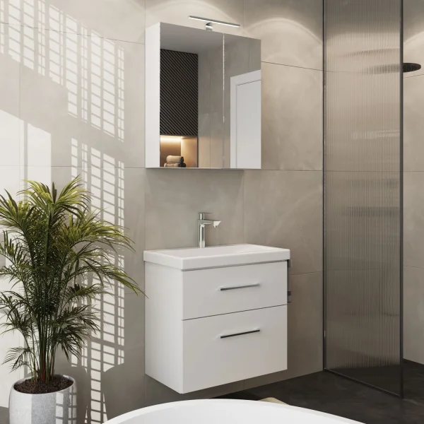 Badmöbel Set mit Spiegelschrank und Waschtisch mit Schubladen – 60 cm / weiß