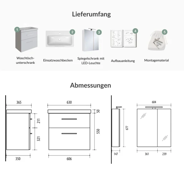 Badmöbel Set mit Spiegelschrank und Waschtisch mit Schubladen – 60 cm / weiß