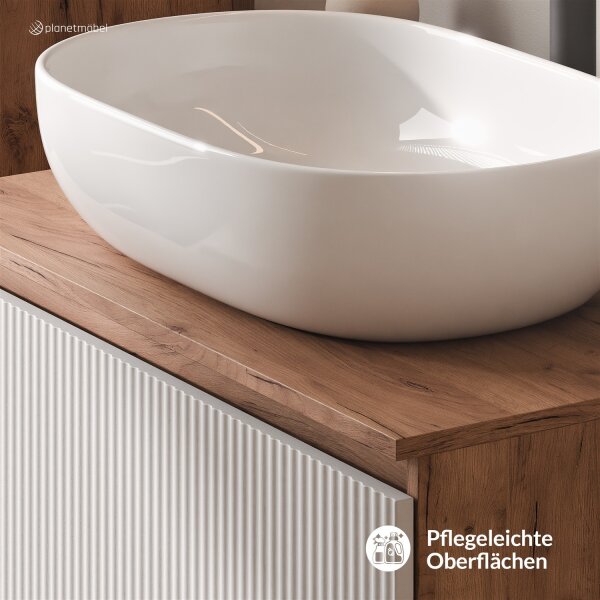 ARISA Badmöbel Set inkl. Hochschrank in Weiß Geriffelt – Mit Nova LED Spiegel und weißem Keramik-Aufsatzwaschbecken 60 cm