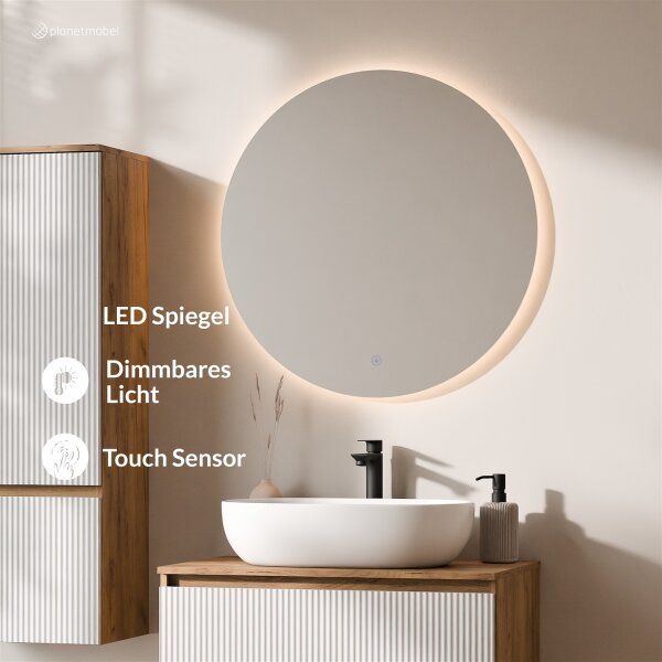 ARISA Badmöbel Set inkl. Hochschrank in Weiß Geriffelt – Mit Nova LED Spiegel und weißem Keramik-Aufsatzwaschbecken 60 cm