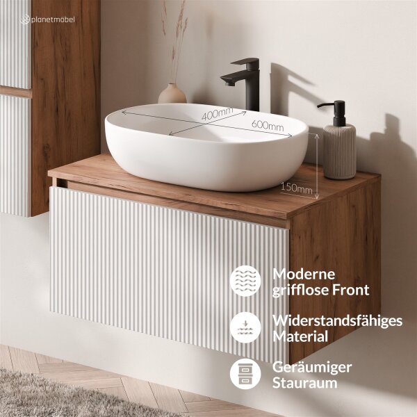 ARISA Badmöbel Set inkl. Hochschrank in Weiß Geriffelt – Mit Nova LED Spiegel und weißem Keramik-Aufsatzwaschbecken 60 cm