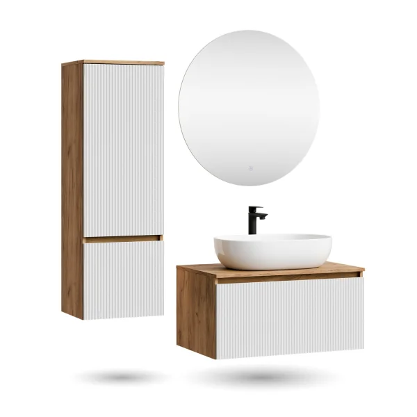 Ensemble de meubles de salle de bains ARISA avec armoire haute en blanc strié – Avec miroir LED Nova et lavabo à poser en céramique blanche de 60 cm