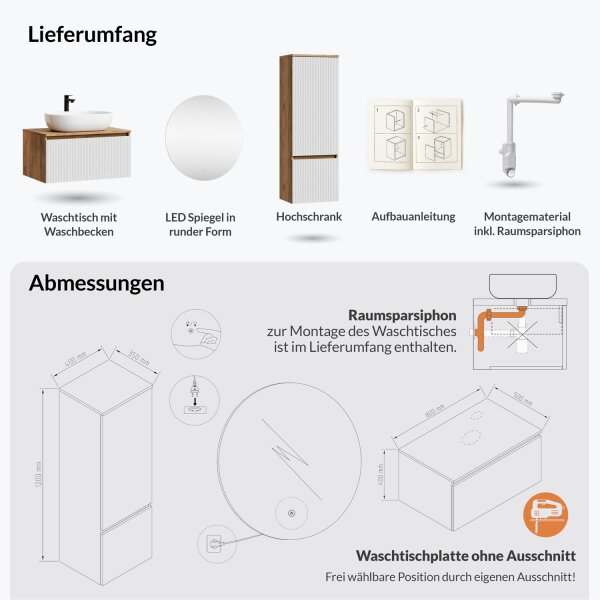 ARISA Badmöbel Set inkl. Hochschrank in Weiß Geriffelt – Mit Nova LED Spiegel und weißem Keramik-Aufsatzwaschbecken 60 cm