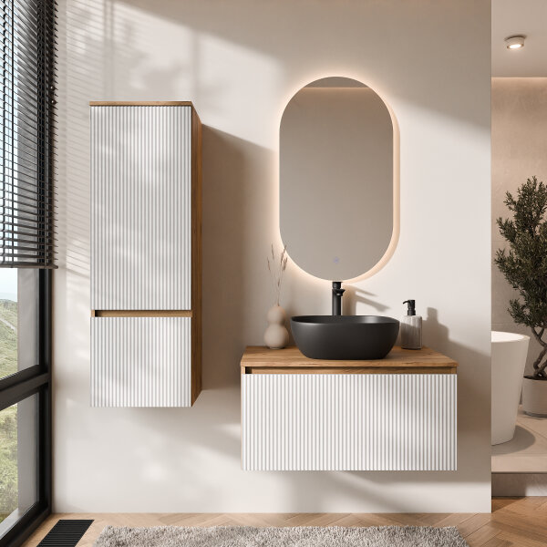 ARISA Badmöbel Set inkl. Hochschrank in Weiß Geriffelt - Mit LED Spiegel und schwarzem Keramik-Aufsatzwaschbecken 42 cm