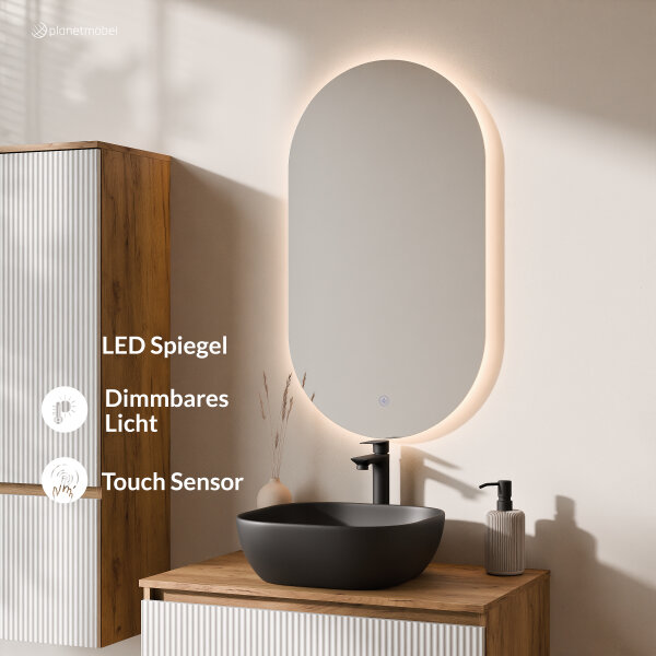 ARISA Badmöbel Set inkl. Hochschrank in Weiß Geriffelt - Mit LED Spiegel und schwarzem Keramik-Aufsatzwaschbecken 42 cm