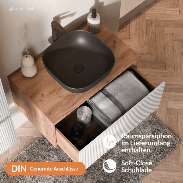 ARISA Badmöbel Set inkl. Hochschrank in Weiß Geriffelt - Mit LED Spiegel und schwarzem Keramik-Aufsatzwaschbecken 42 cm