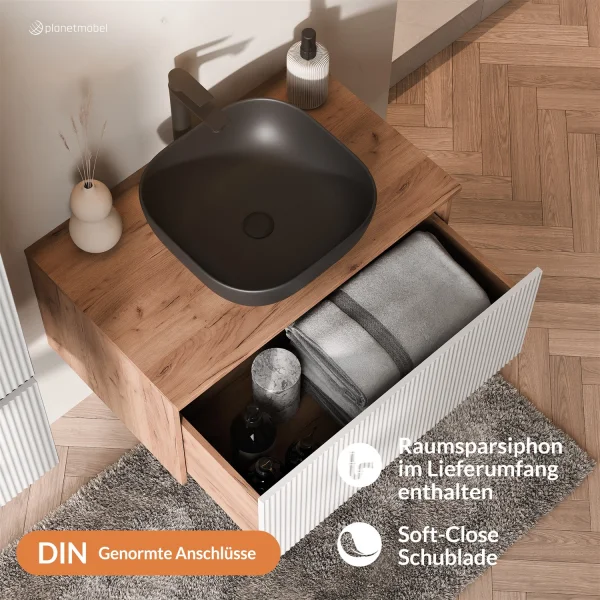 ARISA Badmöbel Set inkl. Hochschrank in Weiß Geriffelt - Mit LED Spiegel und schwarzem Keramik-Aufsatzwaschbecken 42 cm