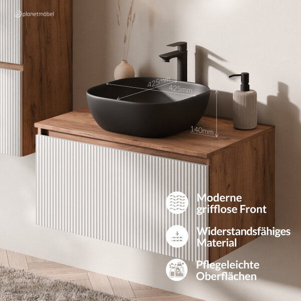 ARISA Badmöbel Set inkl. Hochschrank in Weiß Geriffelt - Mit LED Spiegel und schwarzem Keramik-Aufsatzwaschbecken 42 cm