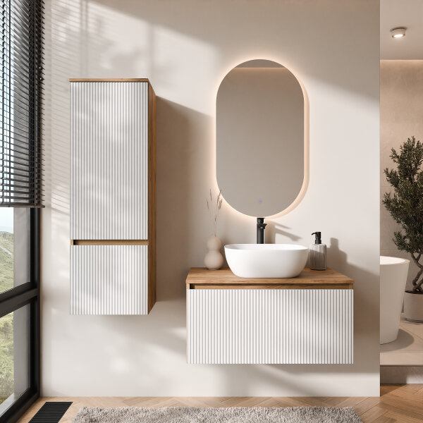 ARISA Badmöbel Set inkl. Hochschrank in Weiß Geriffelt - Mit LED Spiegel und weißem Keramik-Aufsatzwaschbecken 42 cm