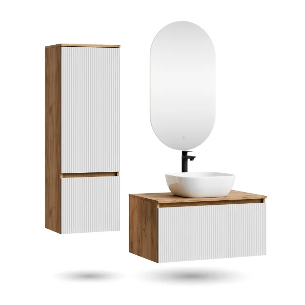 ARISA Badmöbel Set inkl. Hochschrank in Weiß Geriffelt - Mit LED Spiegel und weißem Keramik-Aufsatzwaschbecken 42 cm