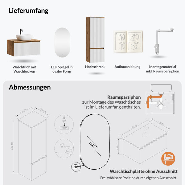 ARISA Badmöbel Set inkl. Hochschrank in Weiß Geriffelt - Mit LED Spiegel und weißem Keramik-Aufsatzwaschbecken 42 cm