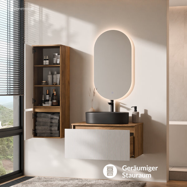 ARISA Badmöbel Set inkl. Hochschrank in Weiß Geriffelt - Mit LED Spiegel und schwarzem Keramik-Aufsatzwaschbecken 55 cm