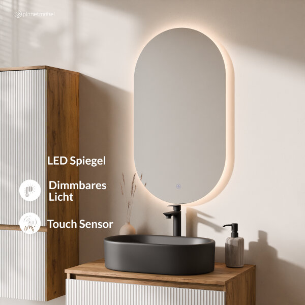 ARISA Badmöbel Set inkl. Hochschrank in Weiß Geriffelt - Mit LED Spiegel und schwarzem Keramik-Aufsatzwaschbecken 55 cm