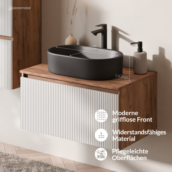 ARISA Badmöbel Set inkl. Hochschrank in Weiß Geriffelt - Mit LED Spiegel und schwarzem Keramik-Aufsatzwaschbecken 55 cm