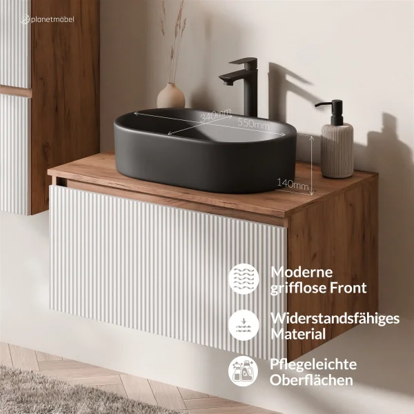 ARISA Badmöbel Set inkl. Hochschrank in Weiß Geriffelt - Mit LED Spiegel und schwarzem Keramik-Aufsatzwaschbecken 55 cm