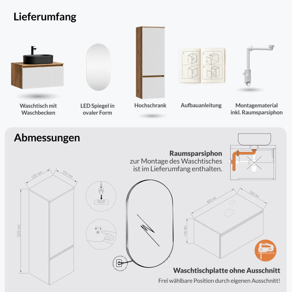 ARISA Badmöbel Set inkl. Hochschrank in Weiß Geriffelt - Mit LED Spiegel und schwarzem Keramik-Aufsatzwaschbecken 55 cm