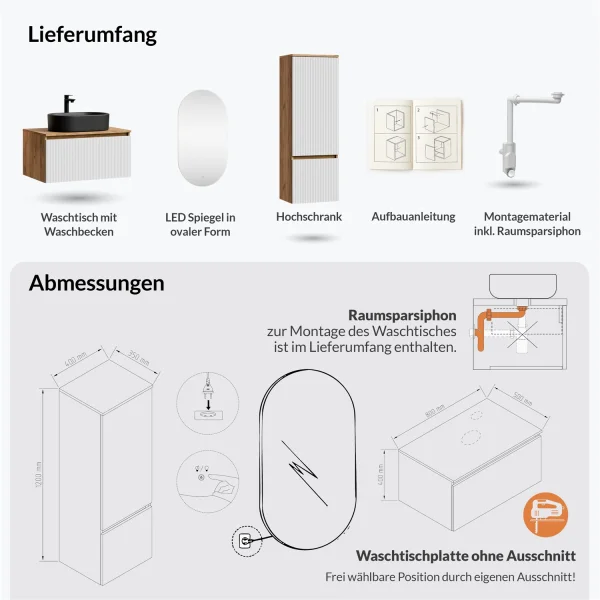 ARISA Badmöbel Set inkl. Hochschrank in Weiß Geriffelt - Mit LED Spiegel und schwarzem Keramik-Aufsatzwaschbecken 55 cm