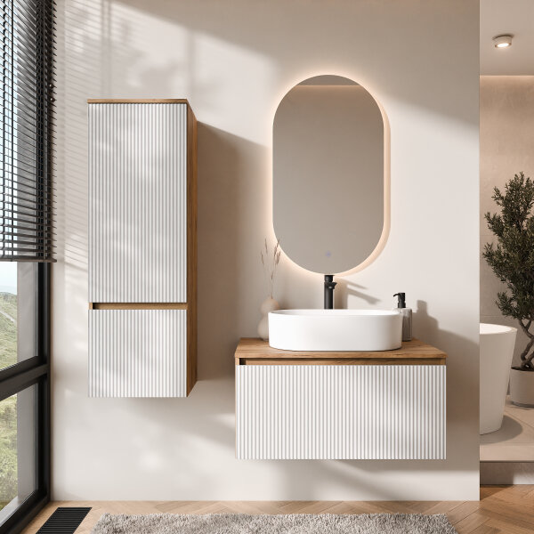 ARISA Badmöbel Set inkl. Hochschrank in Weiß Geriffelt - Mit LED Spiegel und weißem Keramik-Aufsatzwaschbecken 55 cm