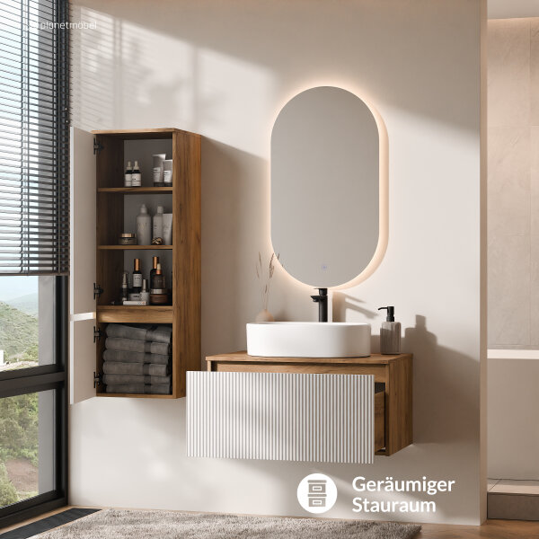 ARISA Badmöbel Set inkl. Hochschrank in Weiß Geriffelt - Mit LED Spiegel und weißem Keramik-Aufsatzwaschbecken 55 cm