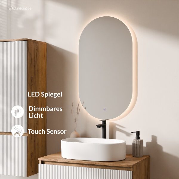 ARISA Badmöbel Set inkl. Hochschrank in Weiß Geriffelt - Mit LED Spiegel und weißem Keramik-Aufsatzwaschbecken 55 cm