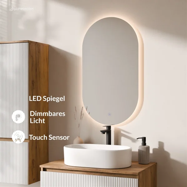 ARISA Badmöbel Set inkl. Hochschrank in Weiß Geriffelt - Mit LED Spiegel und weißem Keramik-Aufsatzwaschbecken 55 cm