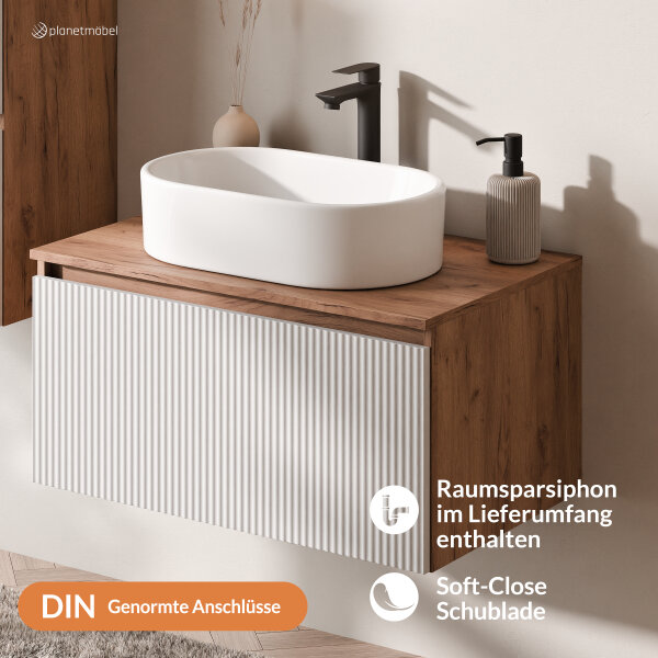 ARISA Badmöbel Set inkl. Hochschrank in Weiß Geriffelt - Mit LED Spiegel und weißem Keramik-Aufsatzwaschbecken 55 cm