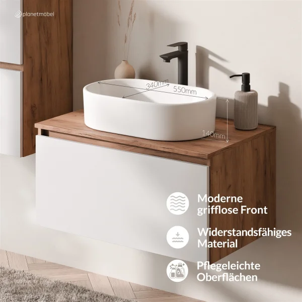 ARISA Badmöbel Set inkl. Hochschrank in Weiß Geriffelt - Mit LED Spiegel und weißem Keramik-Aufsatzwaschbecken 55 cm