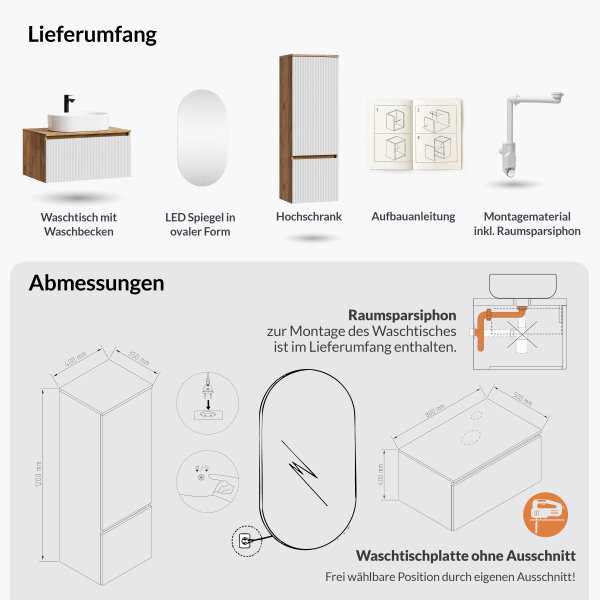 ARISA Badmöbel Set inkl. Hochschrank in Weiß Geriffelt - Mit LED Spiegel und weißem Keramik-Aufsatzwaschbecken 55 cm