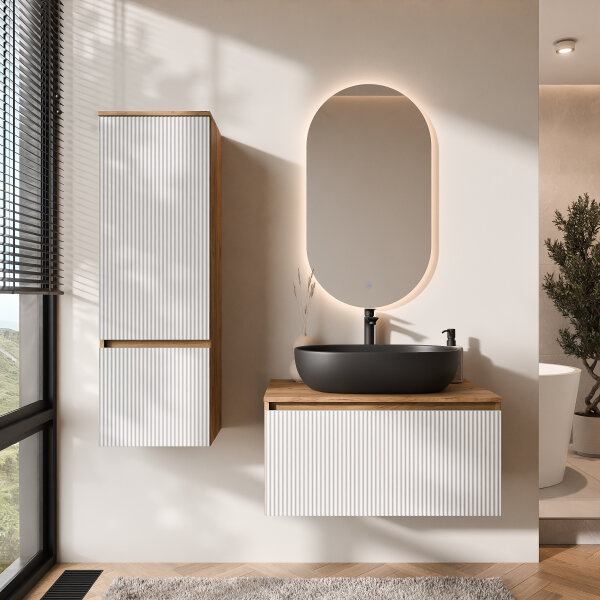 ARISA Badmöbel Set inkl. Hochschrank in Weiß Geriffelt - Mit LED Spiegel und schwarzem Keramik-Aufsatzwaschbecken 60 cm