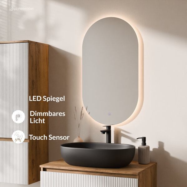 ARISA Badmöbel Set inkl. Hochschrank in Weiß Geriffelt - Mit LED Spiegel und schwarzem Keramik-Aufsatzwaschbecken 60 cm