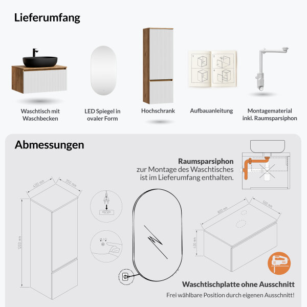 ARISA Badmöbel Set inkl. Hochschrank in Weiß Geriffelt - Mit LED Spiegel und schwarzem Keramik-Aufsatzwaschbecken 60 cm