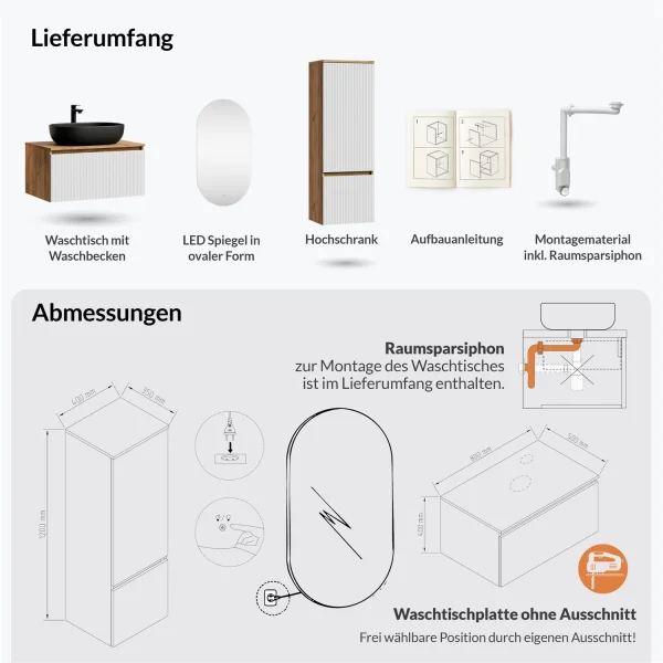 ARISA Badmöbel Set inkl. Hochschrank in Weiß Geriffelt - Mit LED Spiegel und schwarzem Keramik-Aufsatzwaschbecken 60 cm