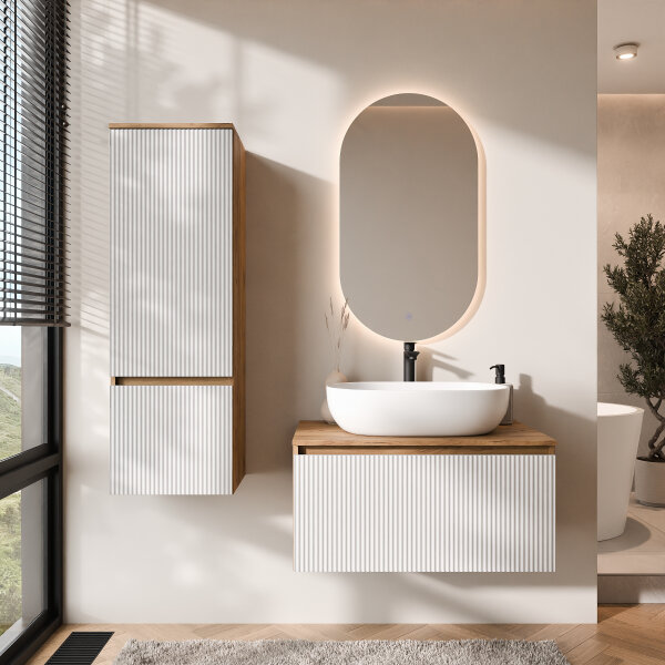 ARISA Badmöbel Set inkl. Hochschrank in Weiß Geriffelt - Mit LED Spiegel und weißem Keramik-Aufsatzwaschbecken 60 cm