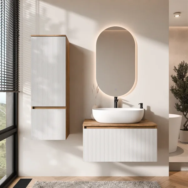 ARISA Badmöbel Set inkl. Hochschrank in Weiß Geriffelt - Mit LED Spiegel und weißem Keramik-Aufsatzwaschbecken 60 cm