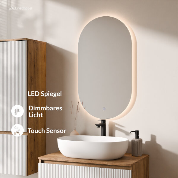 ARISA Badmöbel Set inkl. Hochschrank in Weiß Geriffelt - Mit LED Spiegel und weißem Keramik-Aufsatzwaschbecken 60 cm