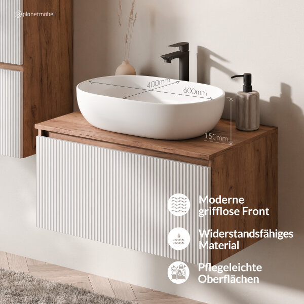 ARISA Badmöbel Set inkl. Hochschrank in Weiß Geriffelt - Mit LED Spiegel und weißem Keramik-Aufsatzwaschbecken 60 cm