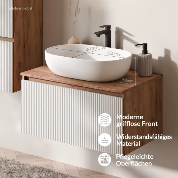 ARISA Badmöbel Set inkl. Hochschrank in Weiß Geriffelt - Mit LED Spiegel und weißem Keramik-Aufsatzwaschbecken 60 cm