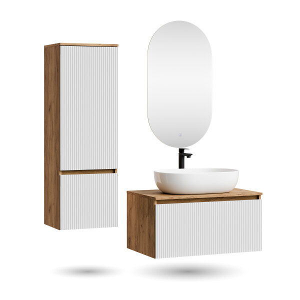 ARISA Badmöbel Set inkl. Hochschrank in Weiß Geriffelt - Mit LED Spiegel und weißem Keramik-Aufsatzwaschbecken 60 cm