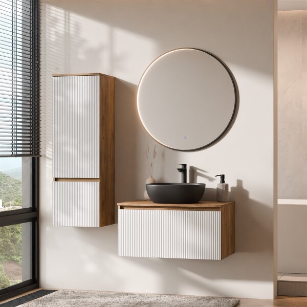 ARISA Badmöbel Set inkl. Hochschrank in Weiß Geriffelt – Mit Veluna LED Spiegel und schwarzem Keramik-Aufsatzwaschbecken 42 cm